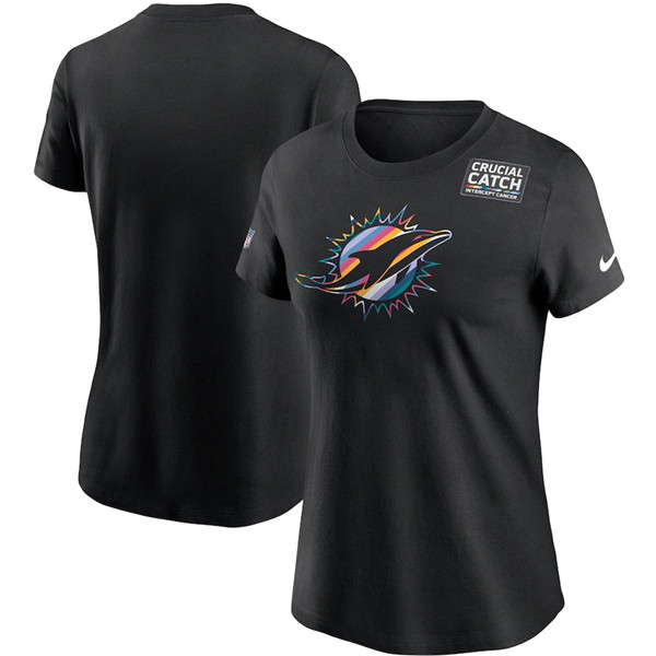 Women's Miami Dolphins 2020 Black Sideline Crucial Catch Performance NFL T-Shirt(Run Small)
